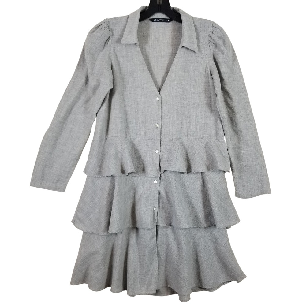 Zara Womens Gray Tiered Ruffle Mini Dress Long Sleeve Button‎ Front Size Small